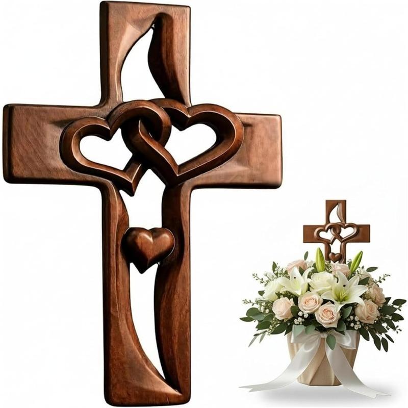 Marriage Cross Wall Decor, Handmade Wooden Cross with Intertwined Hearts, Hand-Carved Wall Hanging, Valentine’s Day Easter Wedding Gift