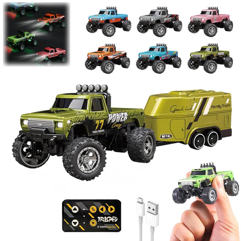 RC Truck USB-C Rechargeable Underflow With Trailer, 1:64 Scale Truck Remote Control Car With Lights, 2.4Ghz Remote Control