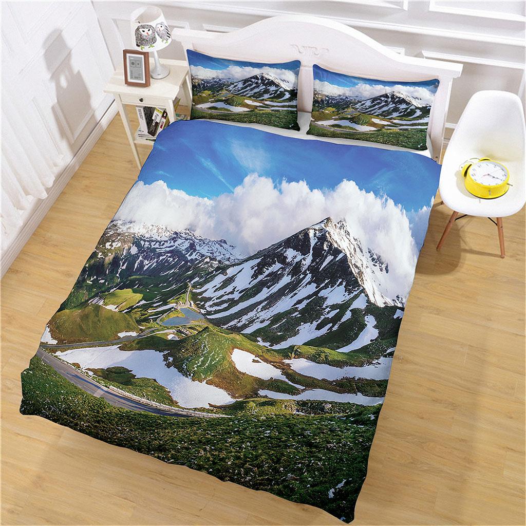 King Size Bedding Collection 3D White Snowy Mountain Landscape Duvet Cover Comforter Bedclothes Children Kid Boy Bed Birthday Gift