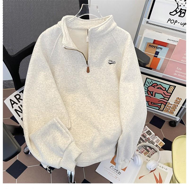 Unisex Thickened Fleece-Lined Stand Collar Pullover Hoodie Warm Loose Fit Winter Long Sleeve Sweatshirt