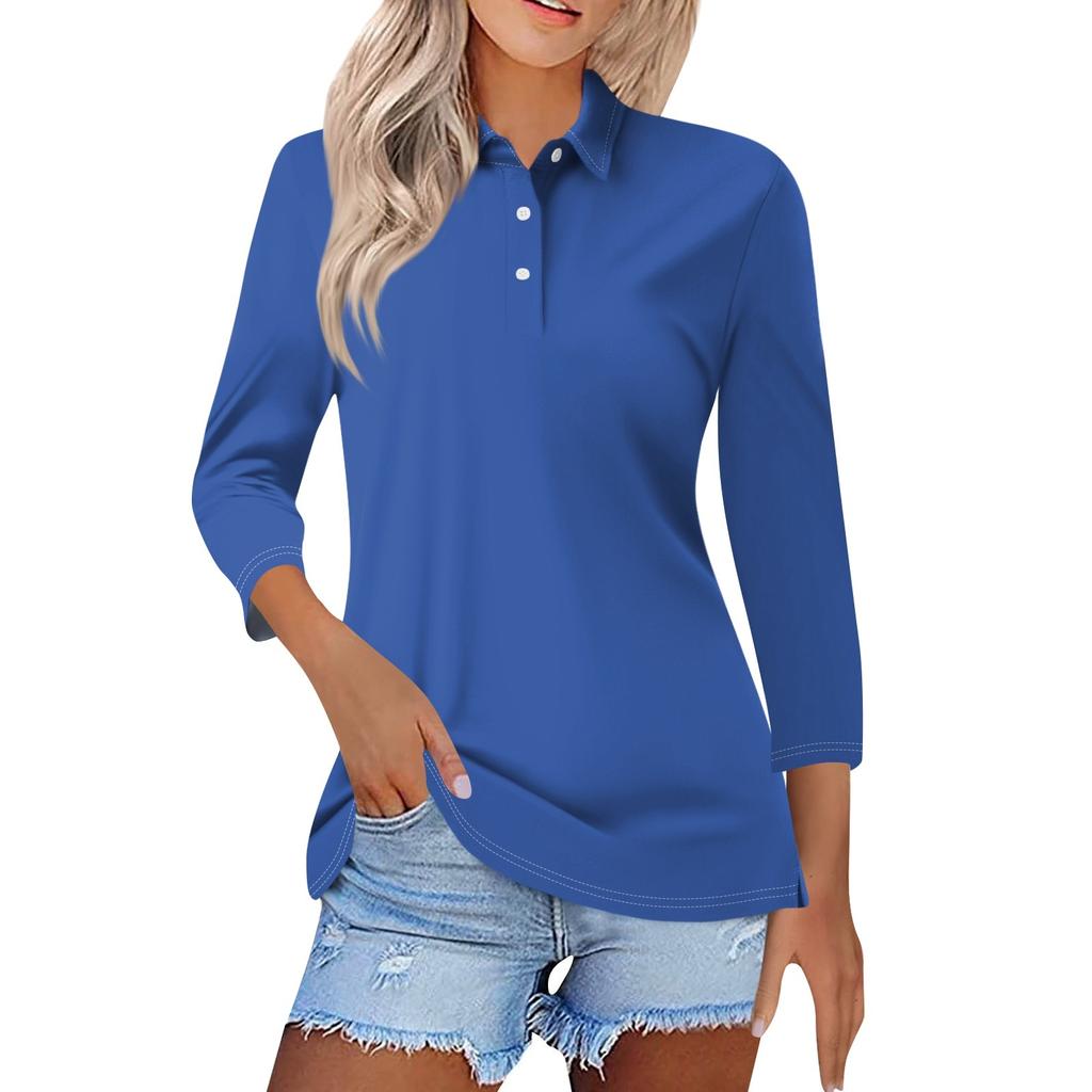 Women's Fashion Casual Lapel Short 3/4 Sleeve Solid Color Shirt Women's Button Up Tops