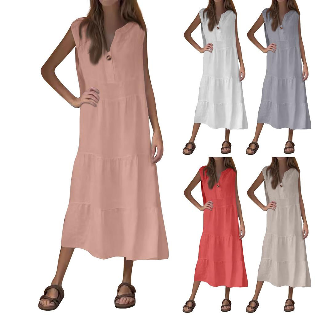 Женская мода без рукавов плиссированное хлопковое льняное платье-жилет на пуговицах