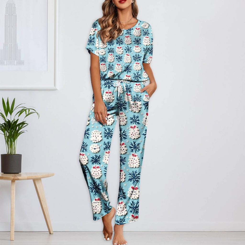 Женский шелковый атласный пижамный комплект с рождественским принтом, рубашка с коротким рукавом и длинные пижамные штаны, мягкая домашняя одежда