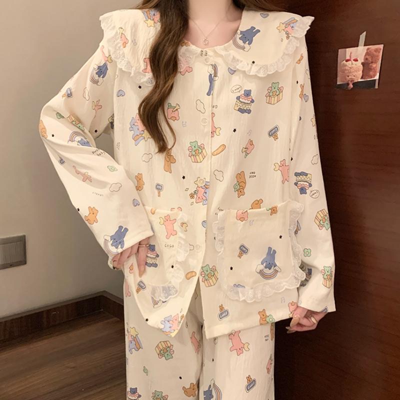 Женская пижама с принтом мультяшного медведя из хлопка «Облако» с милым кружевом и воротником-стойкой «Кукольный воротник» Весна Осень Новая домашняя одежда