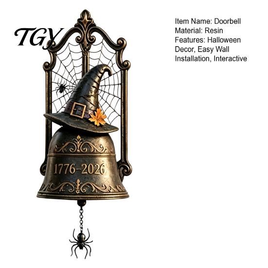 Artistic Creepy Door Bell Witch Hat Spider Web Wall Bell, Vintage Halloween Resin Outdoor Courtyard Call Chime with Pull, Rustic Farmhouse Entryway