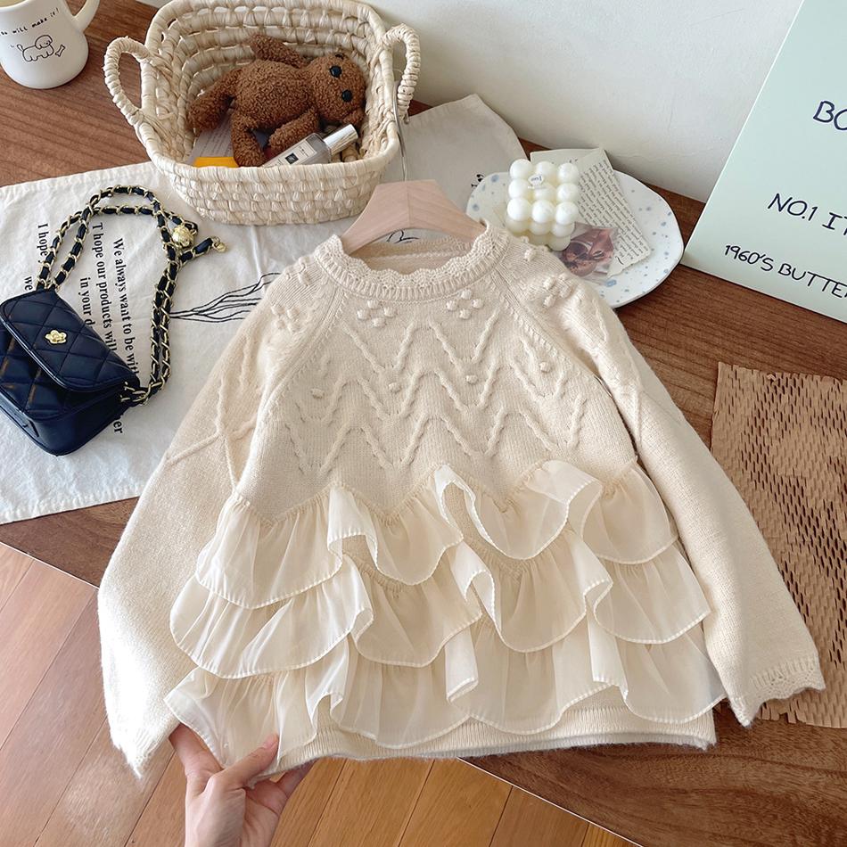 Girls Princess Floral Sweaters Childrens Lace Style Childrens Pullover Girls Baby Autumn Winter Thick Warm Knit Sweater Clothing