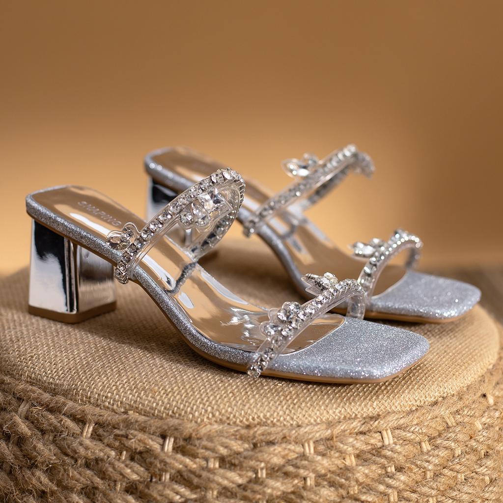 Sweet 2025 Summer New Silver Square Head Sparkling Rhinestone High-heeled Sandals Wear Thick Heels Cool Slippers Women