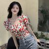 Короткий топ с высокой талией для девочек, женская дизайнерская нишевая летняя рубашка с пышными рукавами и квадратным вырезом с цветочным принтом