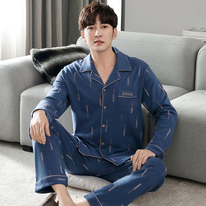 Мужские весенние и осенние хлопковые тонкие пижамы с длинными рукавами плюс хлопковый домашний костюм для полных размеров