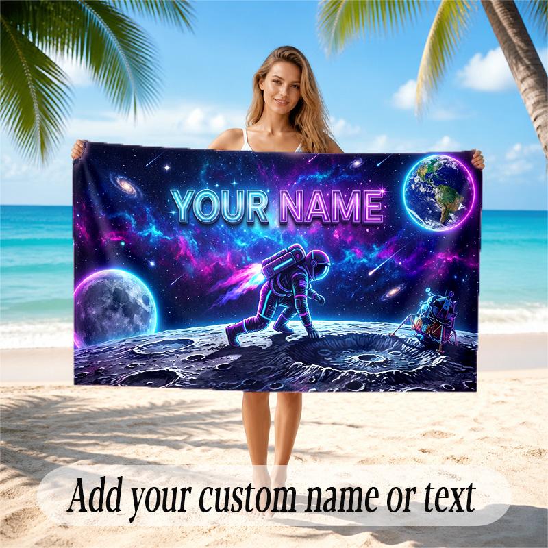 Astronaut Space Theme Quick Dry Beach Towel Custom Name Text Print Large Sand Resistant Towel Beach Vacation