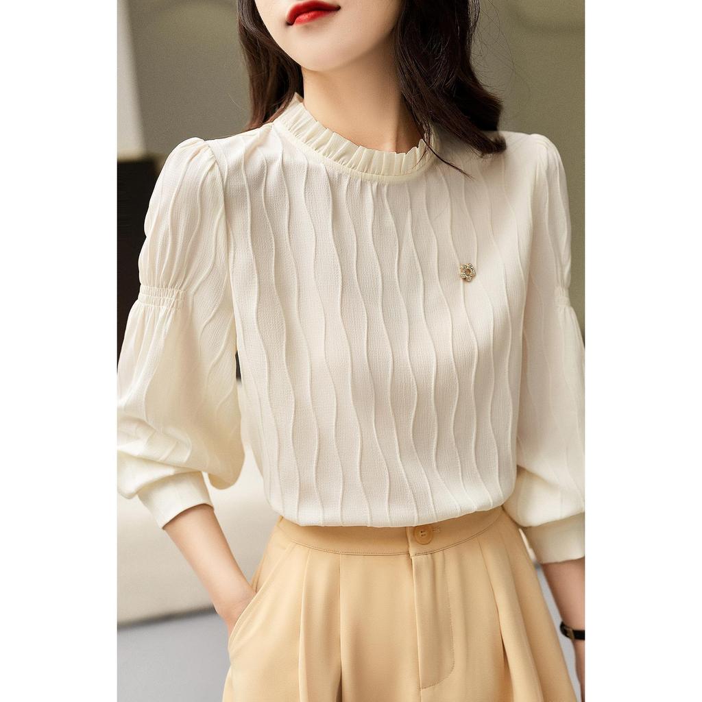 Весна и Осень Волнистый Узор Текстура Чувство Дизайна Деревянное Ухо Маленький Воротник-стойка Рубашка Французский Пуловер Маленькая Рубашка Женская
