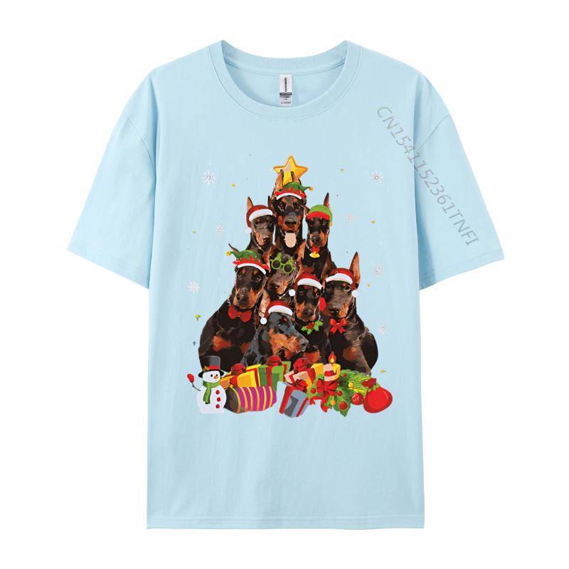 Vintage T Shirt Men Funny Christmas Tree Xmas Lights Doberman Tshirt Hip Hop England Style Tees Cotton T Shirt for Men Funny