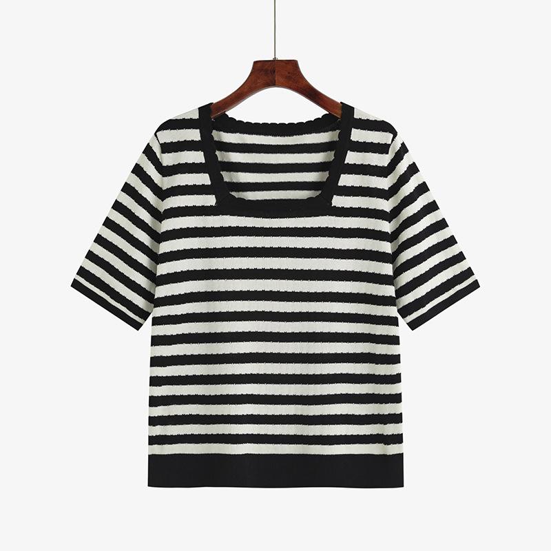 Женская футболка больших размеров с квадратным вырезом в полоску, женские топы с короткими рукавами, летняя свободная трикотажная одежда