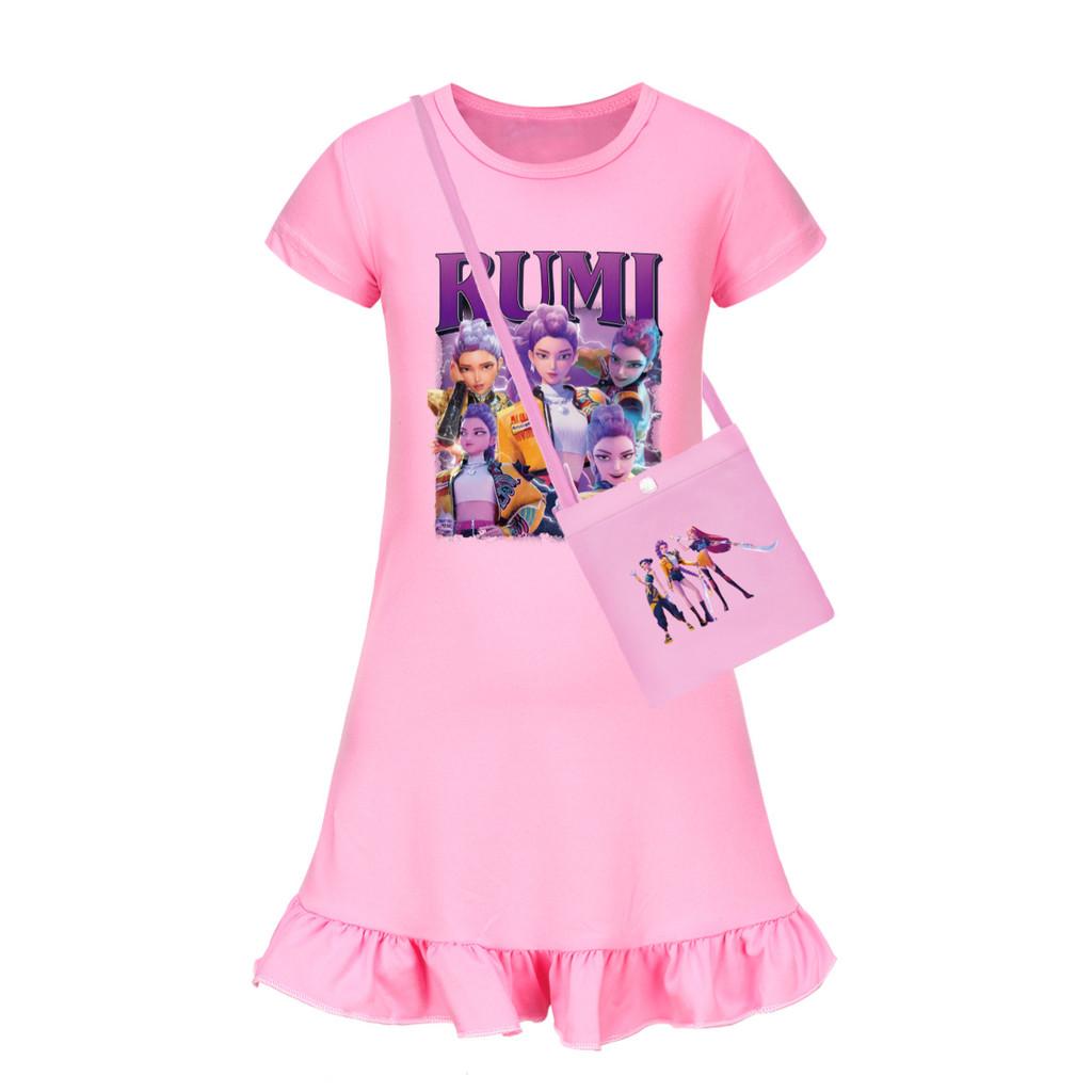 Платье для сна с коротким рукавом Demon Kpop Hunters для девочки с оборкой по подолу для использования в спальне