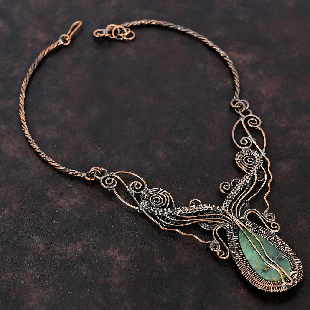 Ожерелье из хризопраза, ожерелье из медной проволоки, регулируемое ожерелье, ювелирные изделия из меди ручной работы, ожерелье из драгоценных камней для подарка, ювелирные изделия из проволоки