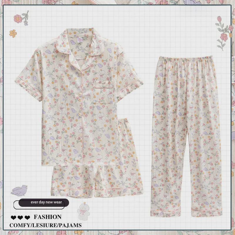 Летняя пижамная одежда Dopamine Pink Striped из хлопкового крепа - женская, с короткими рукавами, из трех предметов