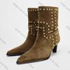 Мода Новый Тренд 2025 Осень и Зима Мода с Заклепками Ботильоны Челси на Высоком Каблуке Остроносые и Телесные Ботильоны Высокие Каблуки Стилет Западные Ботинки