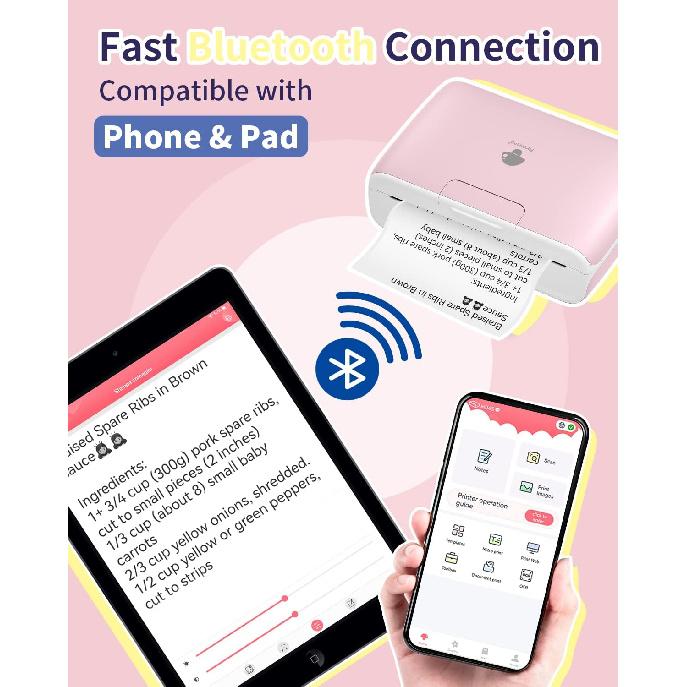 Phomemo 4-дюймовый портативный термопринтер Printpods - Bluetooth-принтер без чернил, поддержка ширины печати 2/3/4 дюйма, 300 dpi, совместим с телефонами,