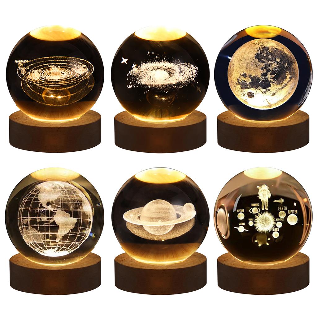3D Crystal Ball Night Light Inner Carved Luminous Glass Ball Ornament with Wooden Base for Home Decor