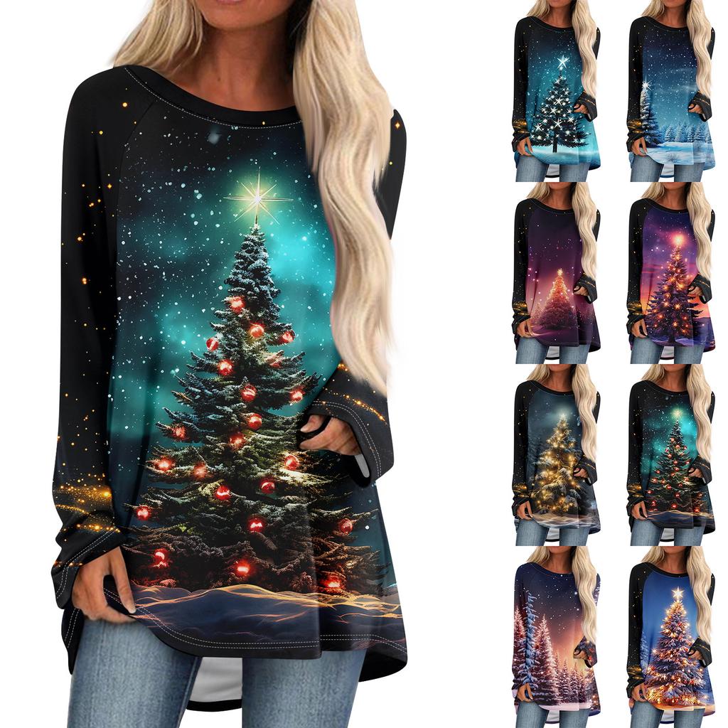 Women's Fashionable Loose Mid-length Round Neck Pullover Christmas Printed Raglan Sleeves Long-sleeved Casual Top