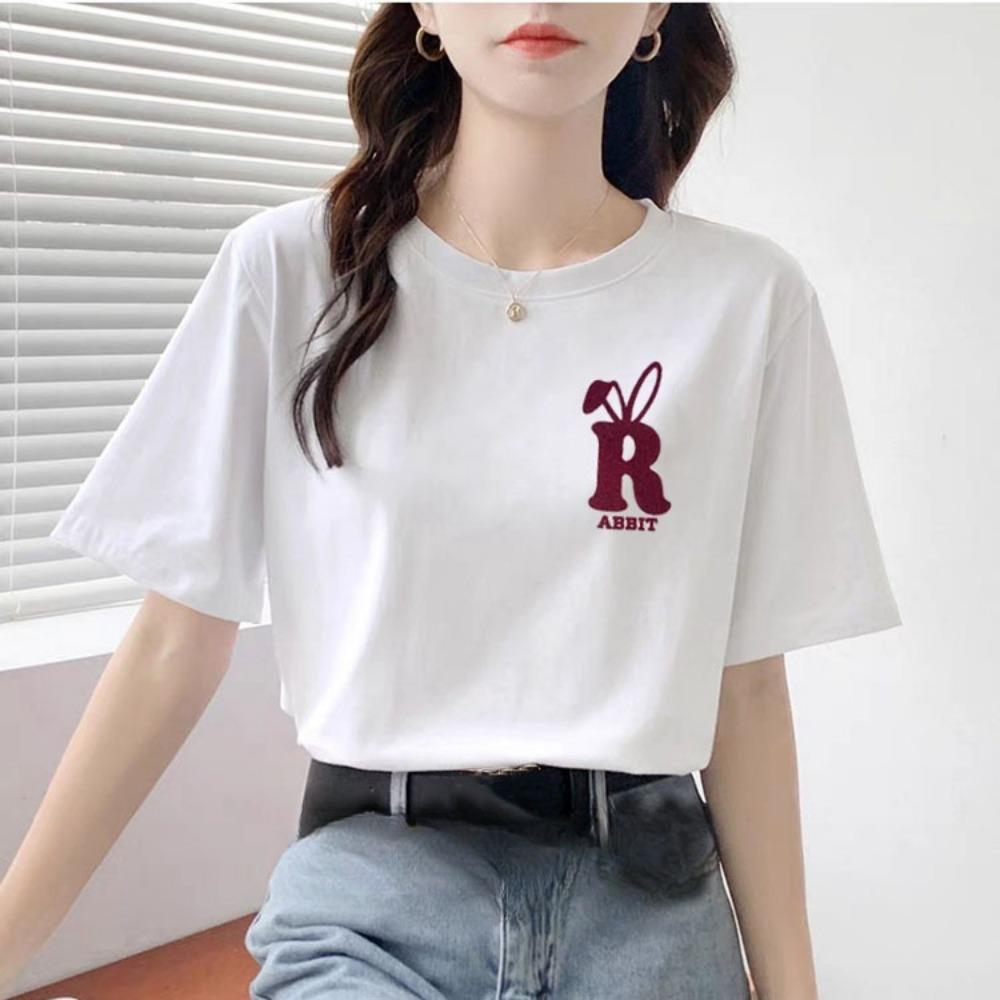 100% Cotton Short Sleeve T-shirt Women's Summer Simplicity Fashion Love Round Neck White Top Shirt