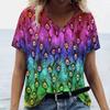 Summer Fashions Women‘S T-Shirts Colorful Peacock Feather Prined Short Sleeve Clothing V Neck Woman Loose Porosity