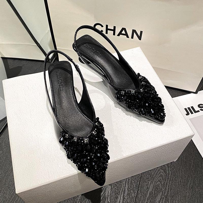 Женские босоножки с закрытым каблуком и острым носком, украшенные французскими стразами, 2024 г., большие размеры 41-43