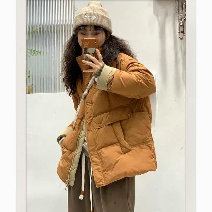 2024 Autumn/Winter European Style Mid-Length Stand Collar Color Block Duck Down Jacket for Women