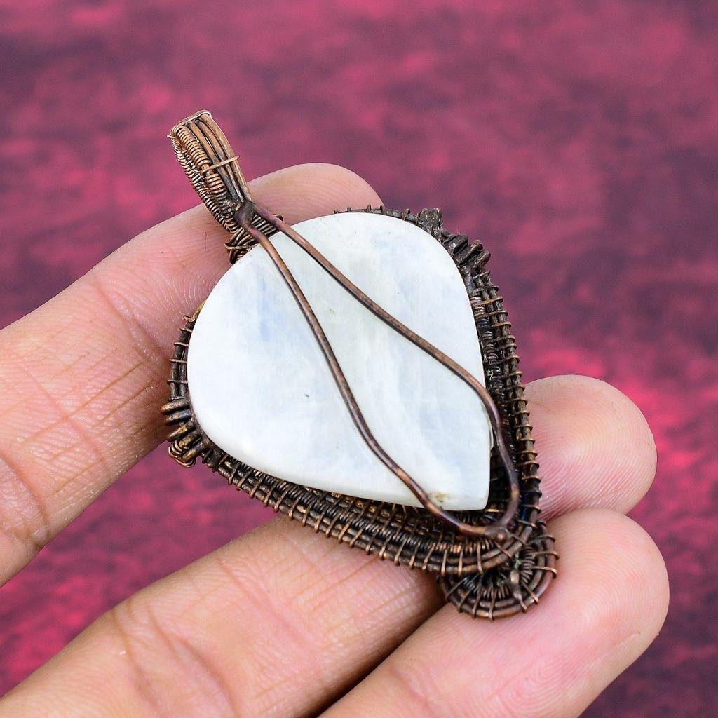 Rainbow Moonstone Gemstone Pendant Copper Wire Wrapped Jewelry Handmade Pendant