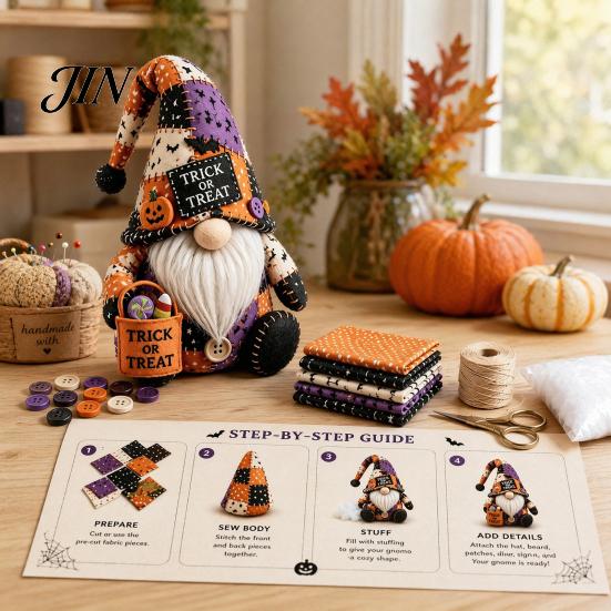Pre-cut Fabric Patchwork Kit Halloween Gnome Kit, Witch Pumpkin Doll DIY Sewing with Pre-Cut Immersive Experience Buttons Needle Thread, Cute