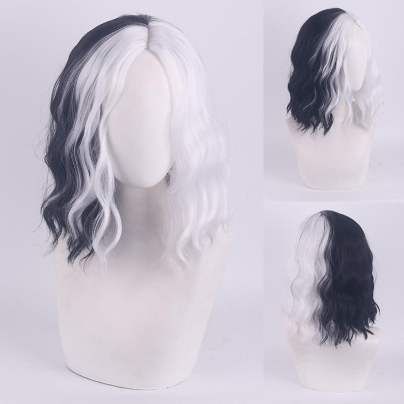 Cos wig, Cruella de Vil Cuira, black and white witch color matching short curly hair