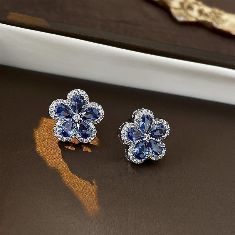 Ретро синие цирконы цветок серебряная игла пусеты персонализированные изысканные серьги