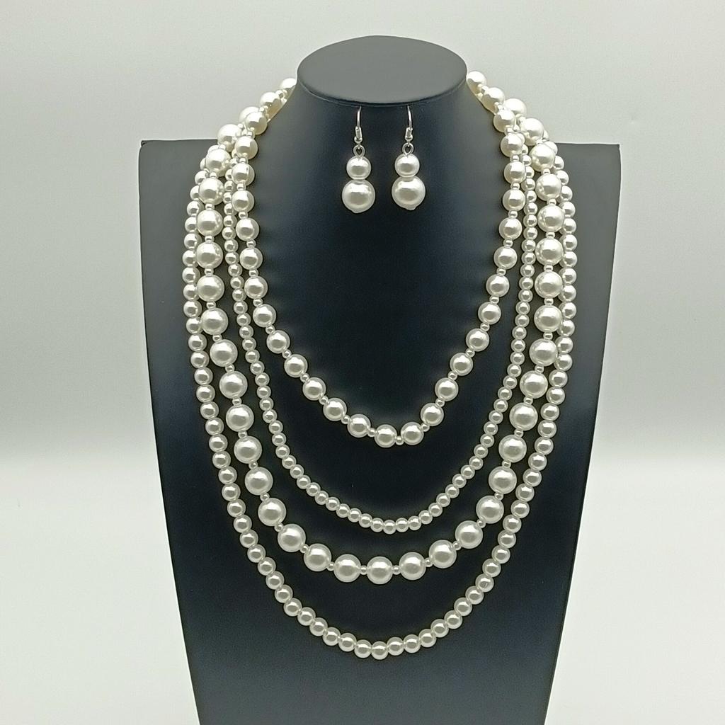 Европа и США горячая распродажа модный простой многослойный жемчужный комплект ожерелья и серег для бала