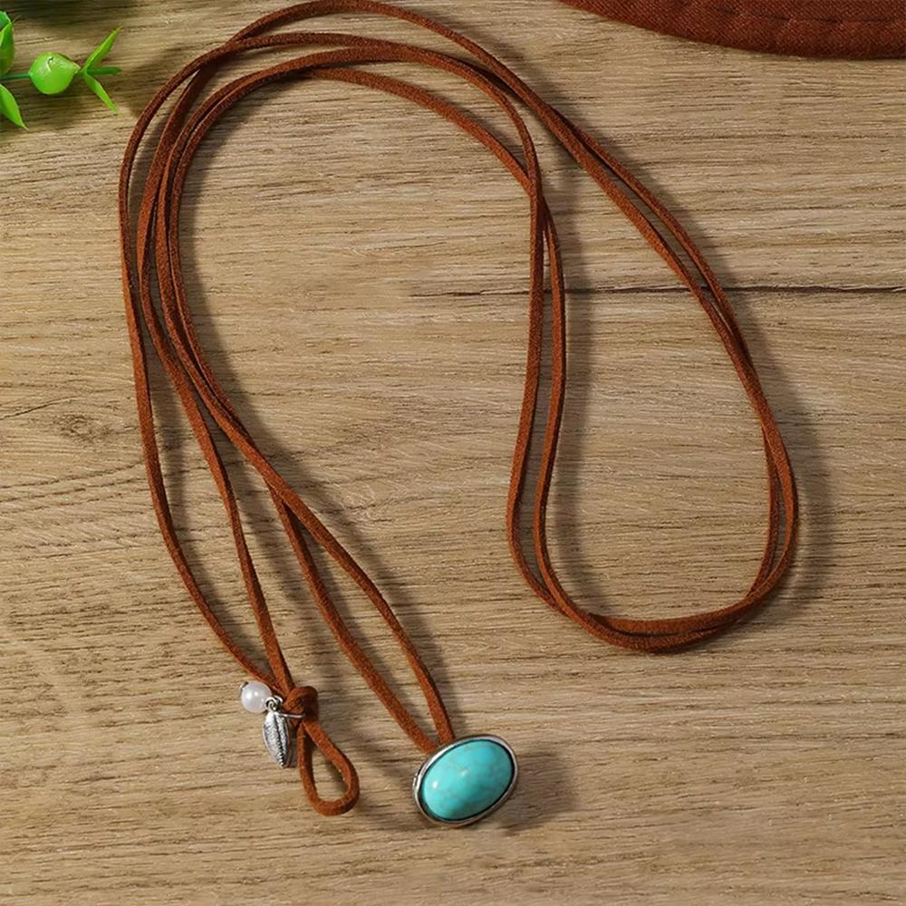 Vintage Turquoise Pendant Necklace Leather Rope Ethnic Jewelr Fashion Multi-Layer Choker  for Women