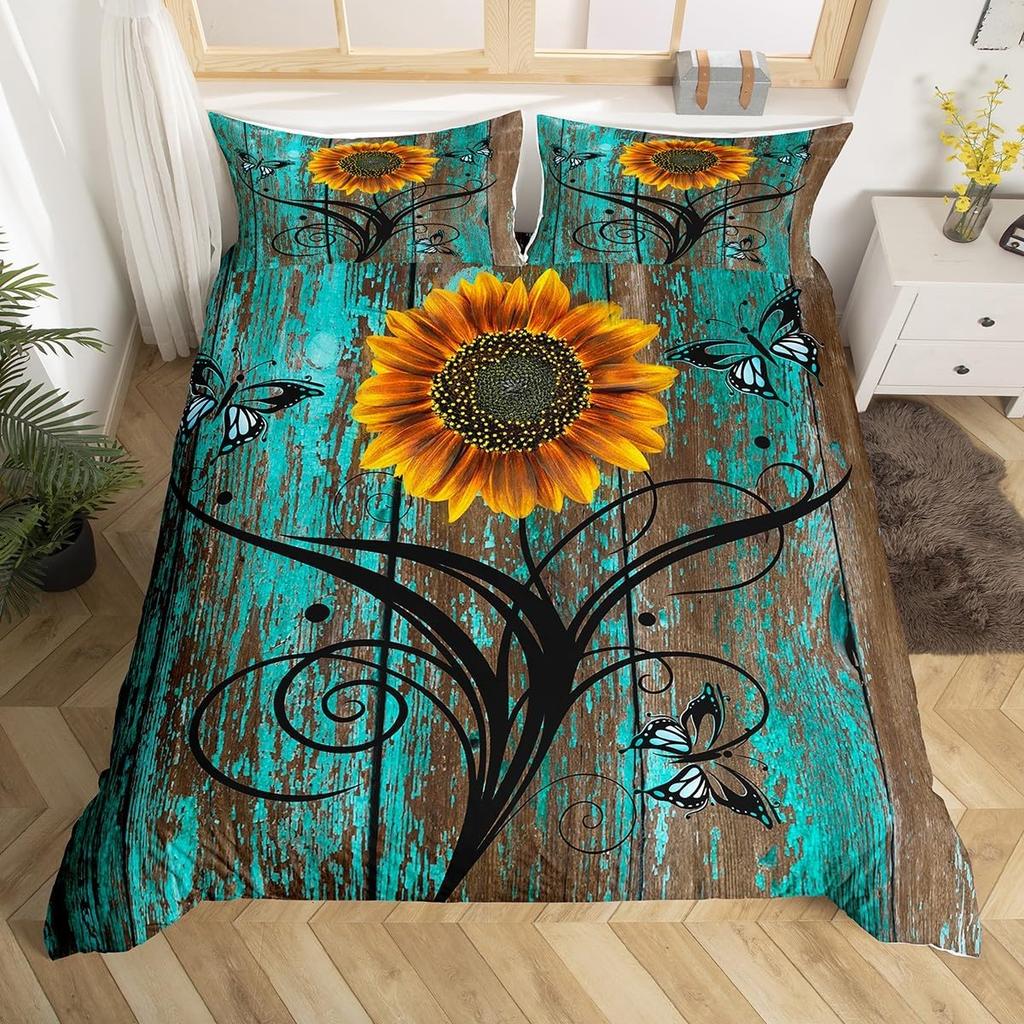 Rustic Farmhouse Bedding Sets Queen Country Butterfly Sunflower Duvet Cover Retro Barn Door Comforter Cover Cabin Lodge Bed Set