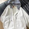 Retro Spliced Striped Hooded Sweatshirt for Women Loose Versatile Zipper Cardigan Lazy Coat Trendy