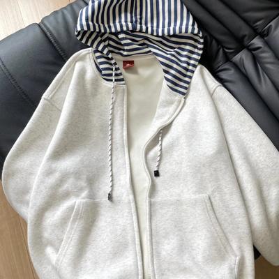 Ретро Сращенный Полосатый Худи для Женщин Свободный Универсальный Кардиган на Молнии Ленивое Пальто Трендовый