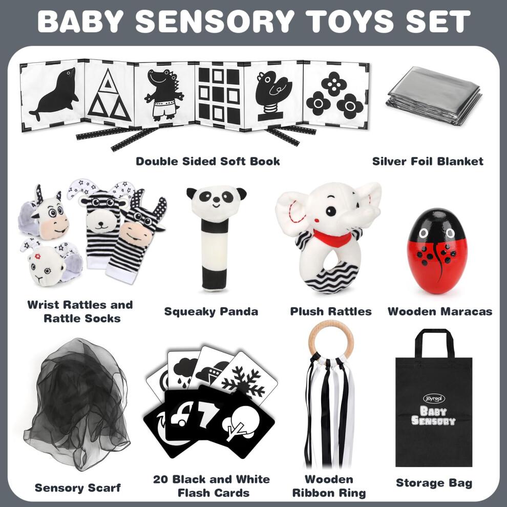 Joyreal Baby Sensory Toys, 13 Pcs Black and White Sensory Toys 0-6 Months, Foil Blanket, Sensory Cards, Baby Rattles, Ribbon Ring, Scarf, Maracas, Ne