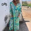 Женское принтованное макси-платье весна-лето с V-образным вырезом в стиле бохо, праздничное платье с длинными рукавами, свободное платье с карманами для повседневной жизни, вечеринок, пляжа