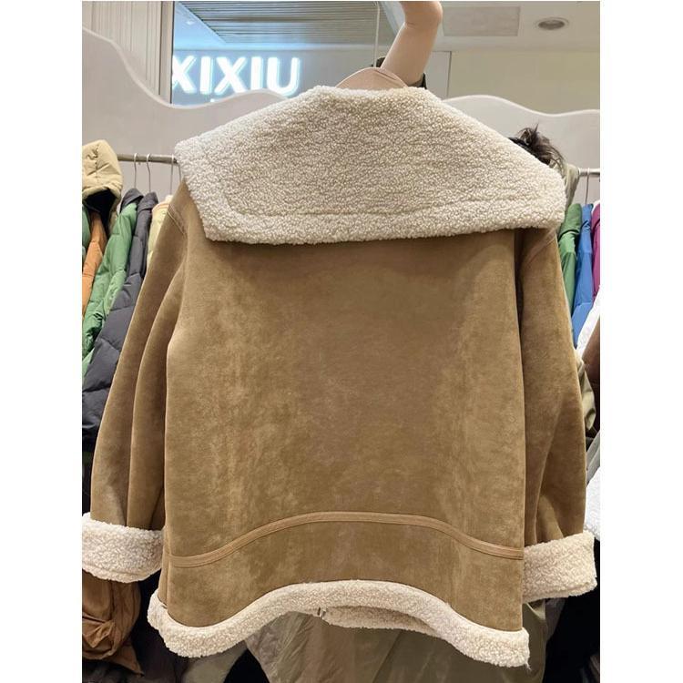 Байкерская куртка с большими лацканами, женское пальто из овечьей шерсти, 2023, зимнее замшевое пальто с подкладкой из свободного меха