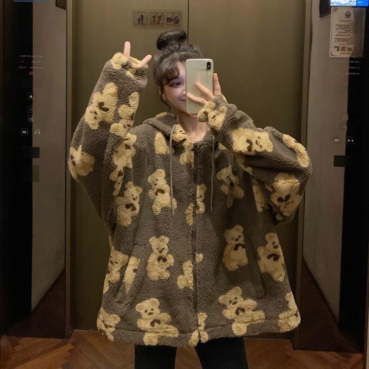 New Cartoon Thick Pattern Bear Print Women Winter Korean Large Size Long Sleeve Hooded Coat Warm Couple Streetwear