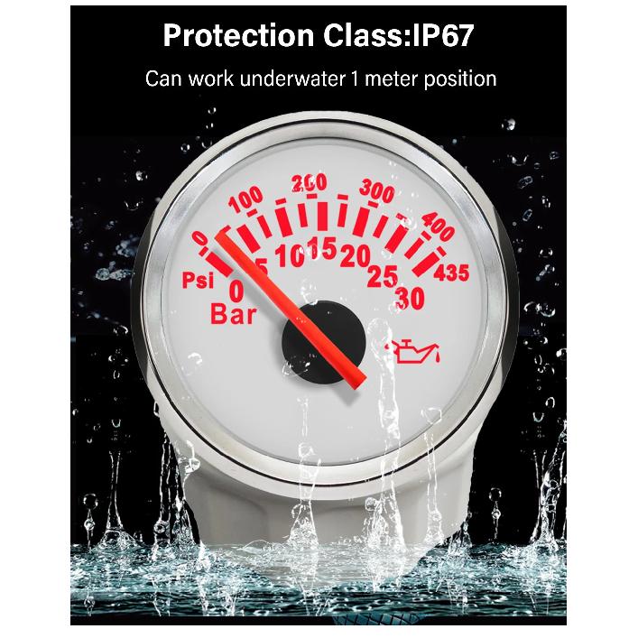 ELING Newest 52mm Oil Pressure Gauge 0-30Bar 0-435Psi Signal with Red Backlight for Motorcycle Boat Truck Universal 12V 24V
