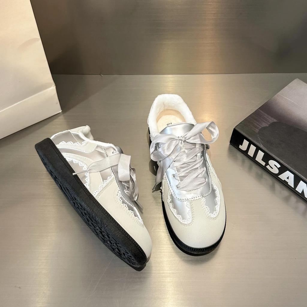 Womens Shoes Round Toe Flat Sneakers Outdoor Patchwork Concise Lace Shape Cotton Velvet Style Comfortable Shoes Students Winter