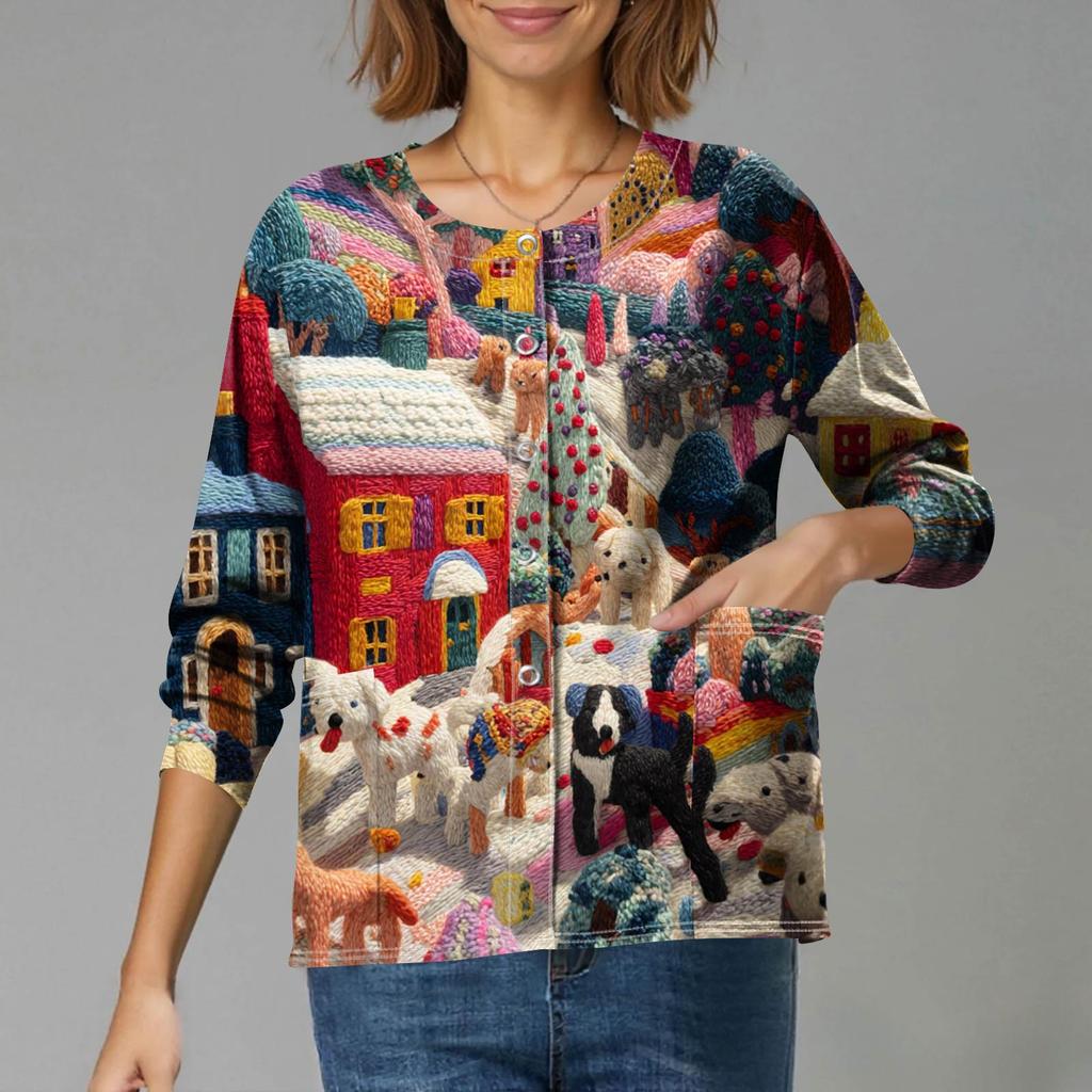 Women's Casual Long-Sleeved Single-Breasted Christmas-Themed Print Cardigan