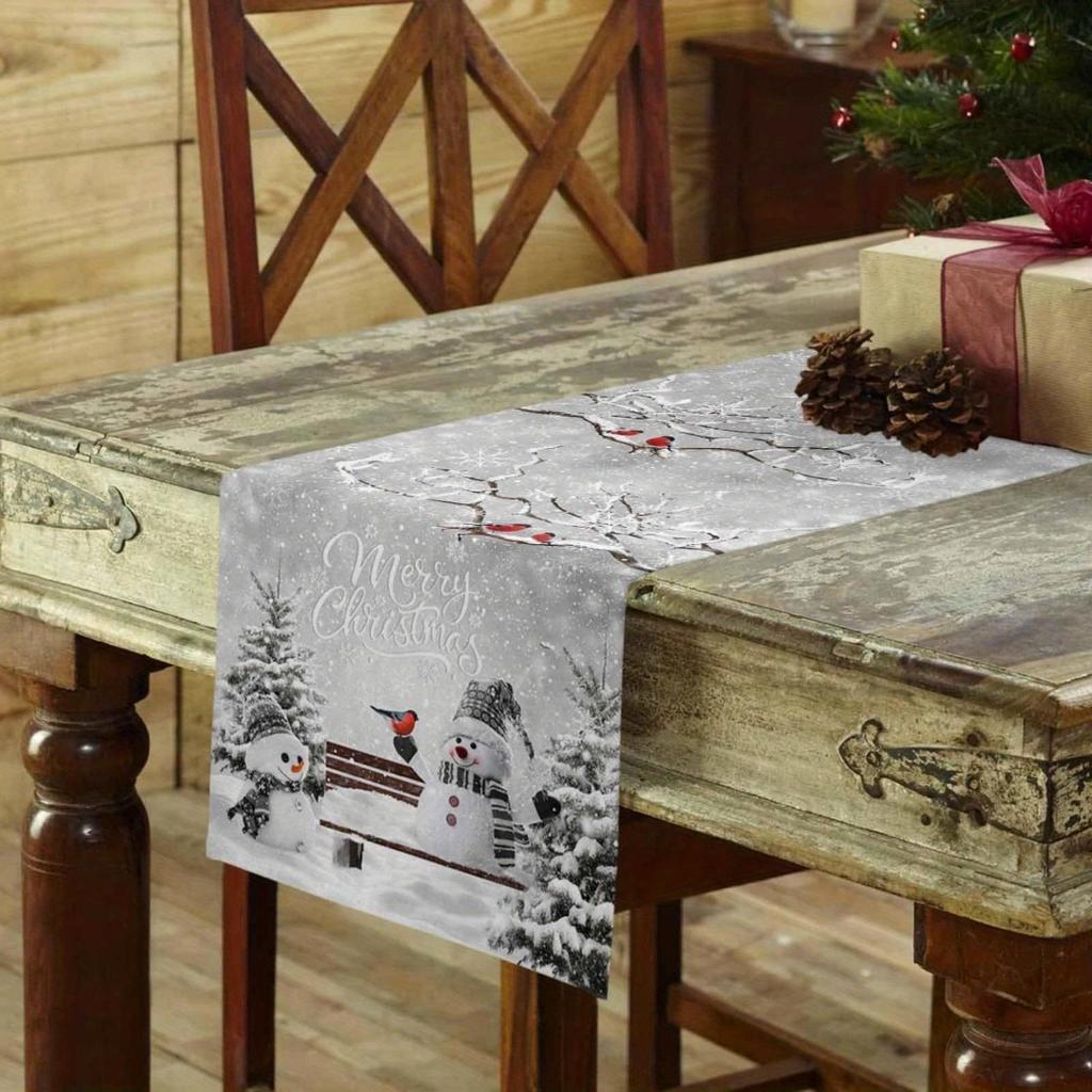 1 шт. Серый Рождественский столовый раннер с принтом снеговика, пыленепроницаемая прочная скатерть для рождественского и новогоднего украшения обеденного стола
