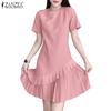 Women Summer Pleated Splice Hem Short Sleeve O-neck Casual Dress