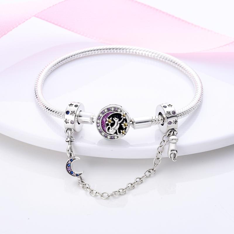 925 Sterling Silver Glowing Stars Moon Sun Rainbow Dangle Charms Beads Bracelet Necklace Jewelry Women