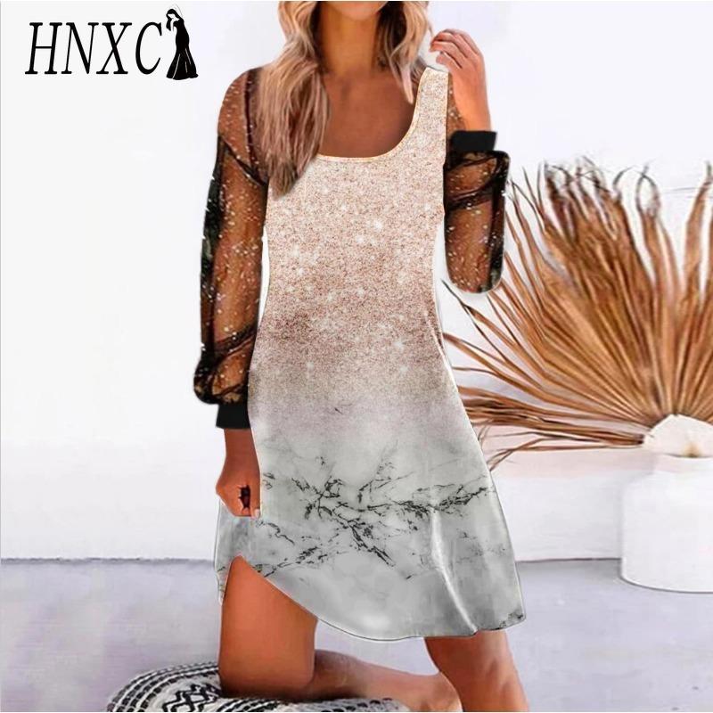 HNXC Женская мода Весна Осень Однотонный принт Длинный рукав U-образный вырез Высокая талия Повседневные платья