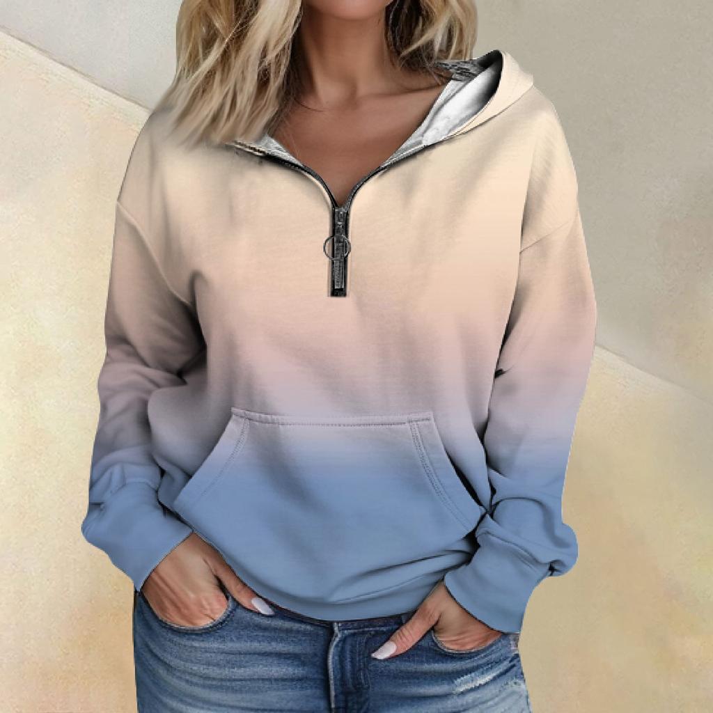 Women's Fashion Gradient Long Sleeved Loose Half Zippered Hoodie With Pockets
