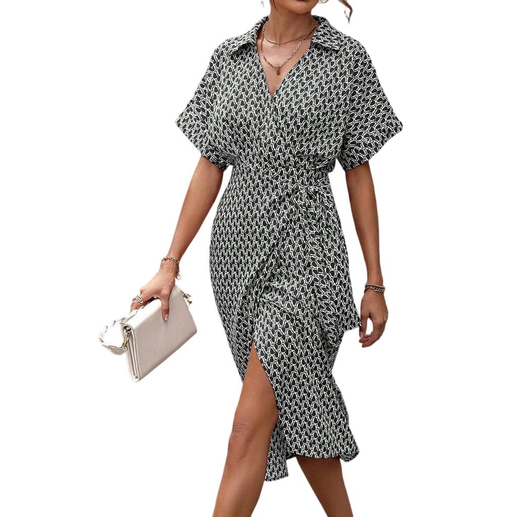 Женское летнее длинное платье с принтом, повседневное и модное, с поясом, V-образным вырезом и короткими рукавами, удобное платье